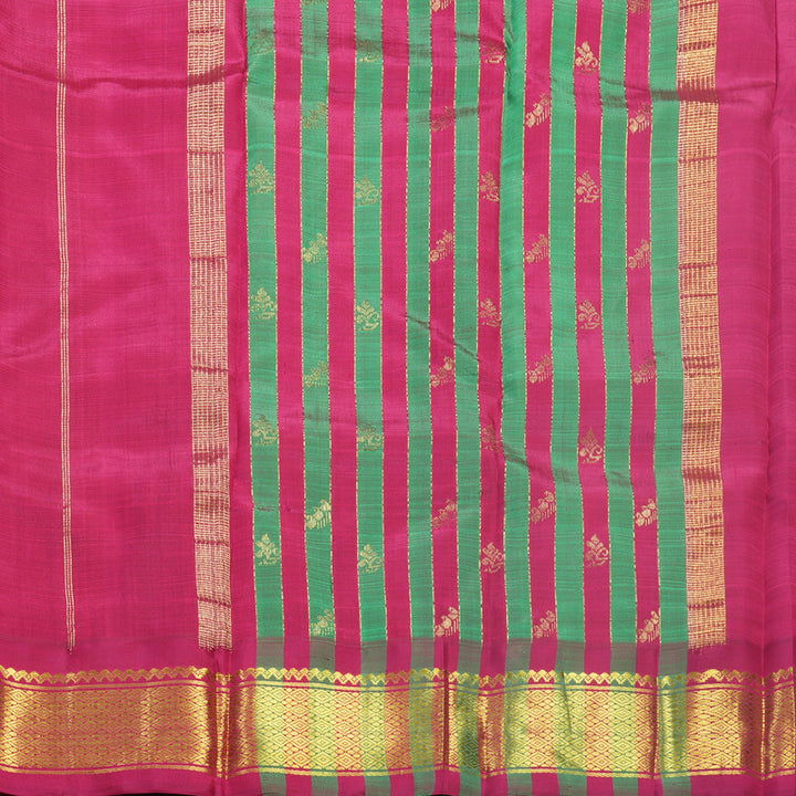 Hayagrivas Dual Toned Yellow &amp; Blue Pure One-sided Border Kanjivaram Silk Saree KBF513F1-3