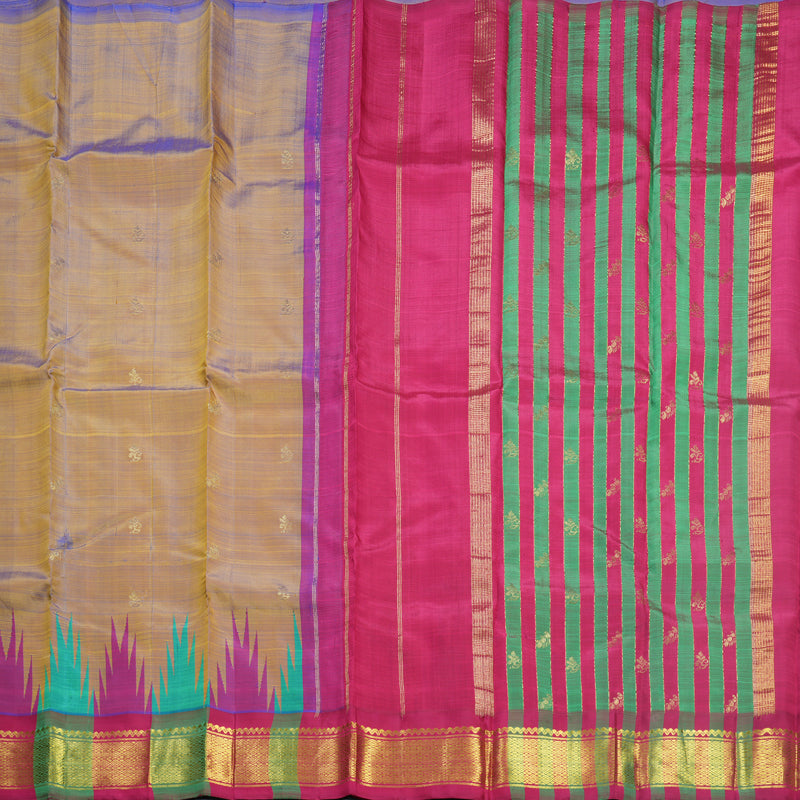 Hayagrivas Dual Toned Yellow &amp; Blue Pure One-sided Border Kanjivaram Silk Saree KBF513F1-3