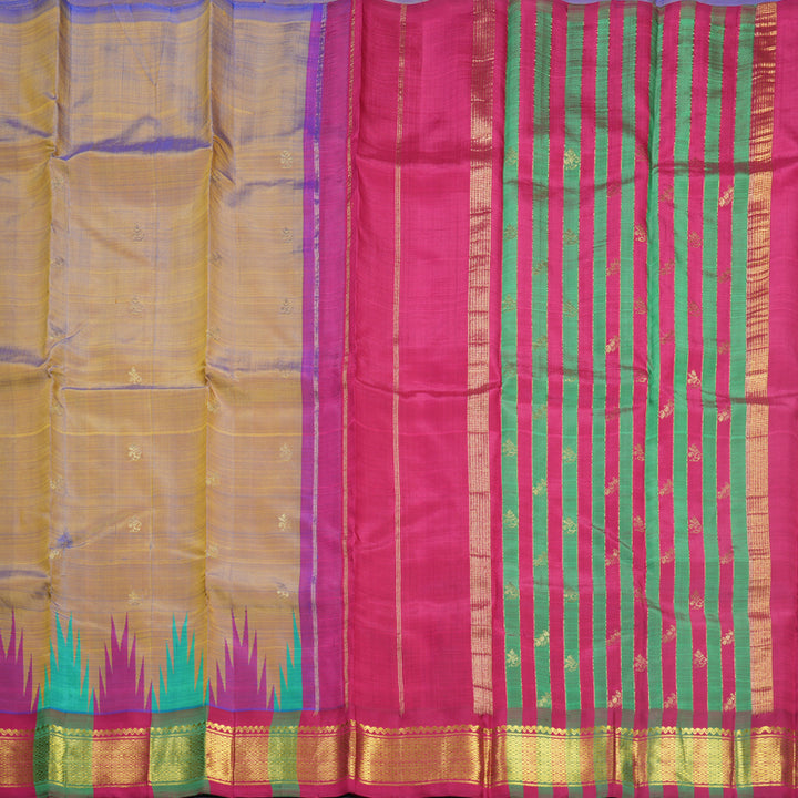 Hayagrivas Dual Toned Yellow &amp; Blue Pure One-sided Border Kanjivaram Silk Saree KBF513F1-3