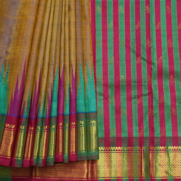 Hayagrivas Dual Toned Yellow &amp; Blue Pure One-sided Border Kanjivaram Silk Saree KBF513F1-3