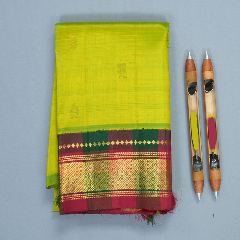 Hayagrivas Fluorescent Green Pure One-sided border Kanjivaram Silk Saree KBF514F1-1