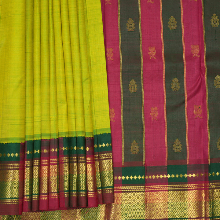 Hayagrivas Fluorescent Green Pure One-sided border Kanjivaram Silk Saree KBF514F1-1