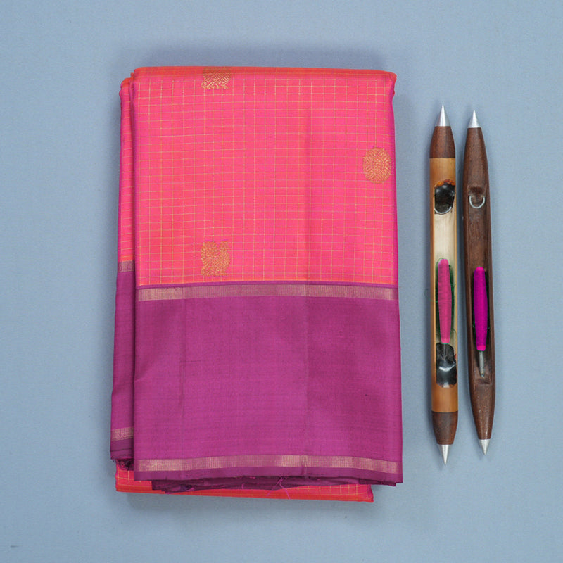 Hayagrivas Handloom Orangish-Pink Kanjivaram Silk Saree with Purple Border KBF515G2-1