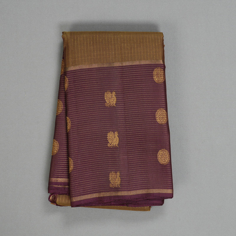 Hayagrivas Handloom Honey-Mustard Kanjivaram Silk Saree with Burgundy Border KBF515G3-1