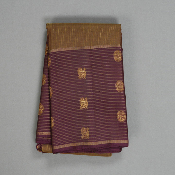 Hayagrivas Handloom Honey-Mustard Kanjivaram Silk Saree with Burgundy Border KBF515G3-1