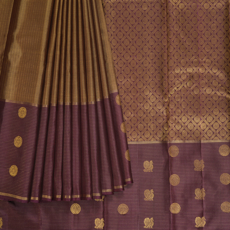 Hayagrivas Handloom Honey-Mustard Kanjivaram Silk Saree with Burgundy Border KBF515G3-1