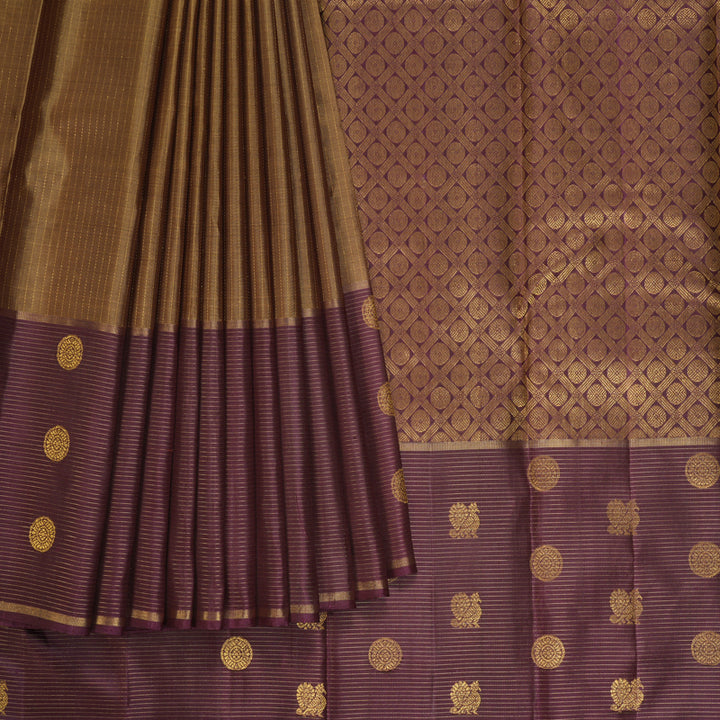 Hayagrivas Handloom Honey-Mustard Kanjivaram Silk Saree with Burgundy Border KBF515G3-1