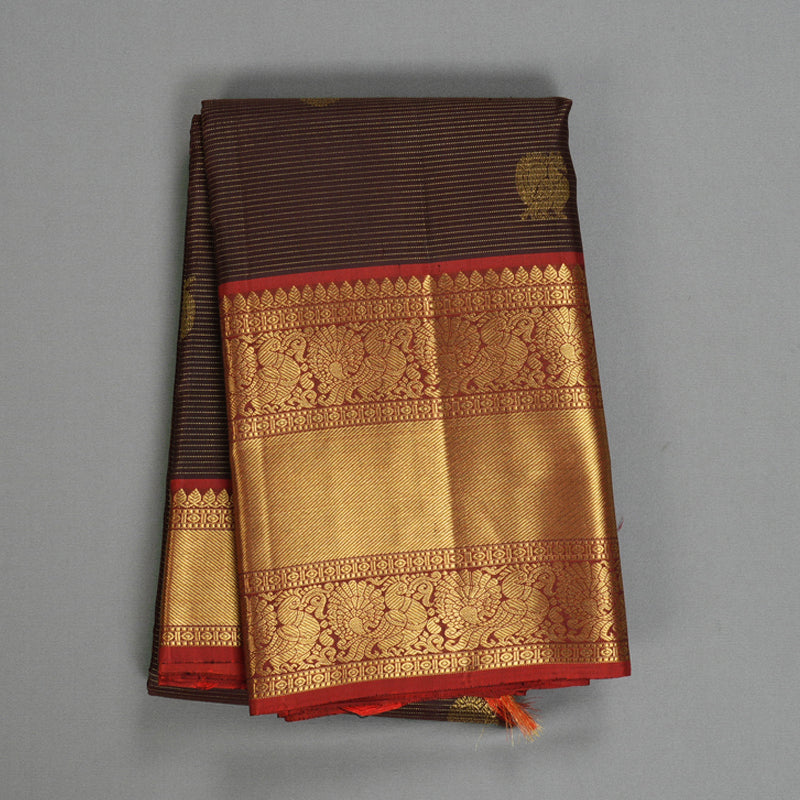 Hayagrivas Handloom Chocolate Brown Kanjivaram Silk Saree with Rust Orange Border KBF515G7-3