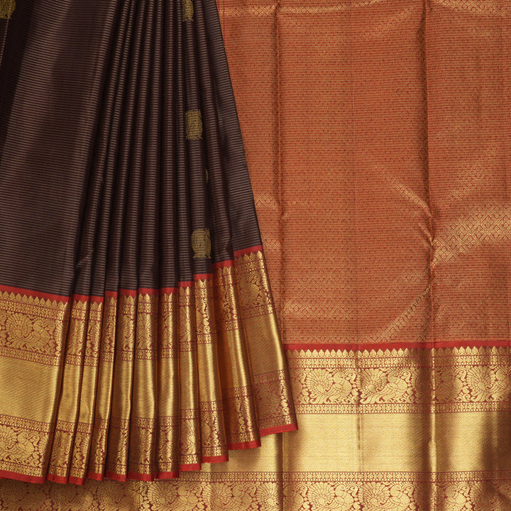 Hayagrivas Handloom Chocolate Brown Kanjivaram Silk Saree with Rust Orange Border KBF515G7-3