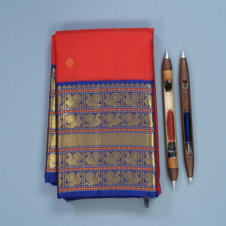Hayagrivas Handloom Red Kanjivaram Silk Saree with Blue Border KBF515G9-1