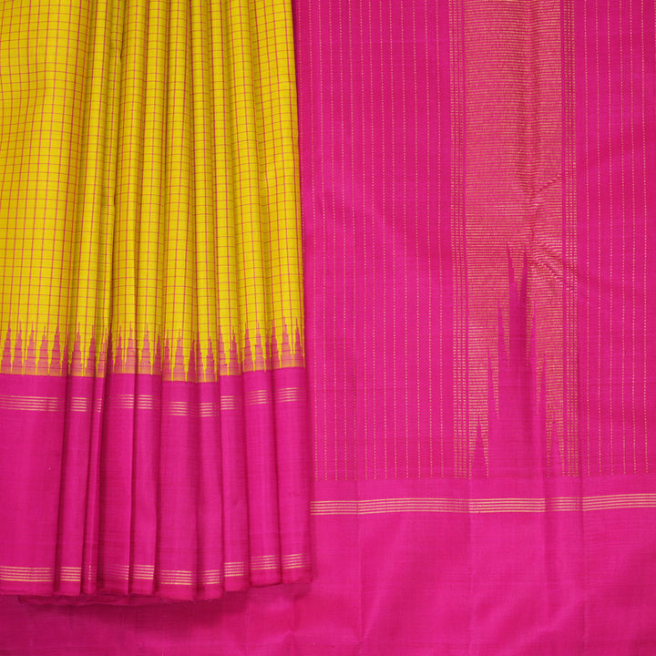Hayagrivas Handloom Lime Green Kanjivaram Silk Saree with Rani Pink Border KBF516G1-3