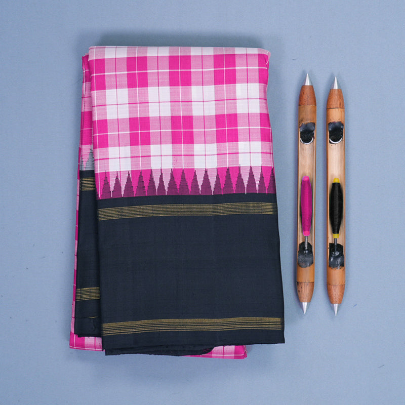 Hayagrivas Handloom Pink &amp; White Checks Kanjivaram Silk Saree with Black Border KBF516G4-1