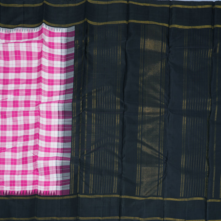 Hayagrivas Handloom Pink &amp; White Checks Kanjivaram Silk Saree with Black Border KBF516G4-1