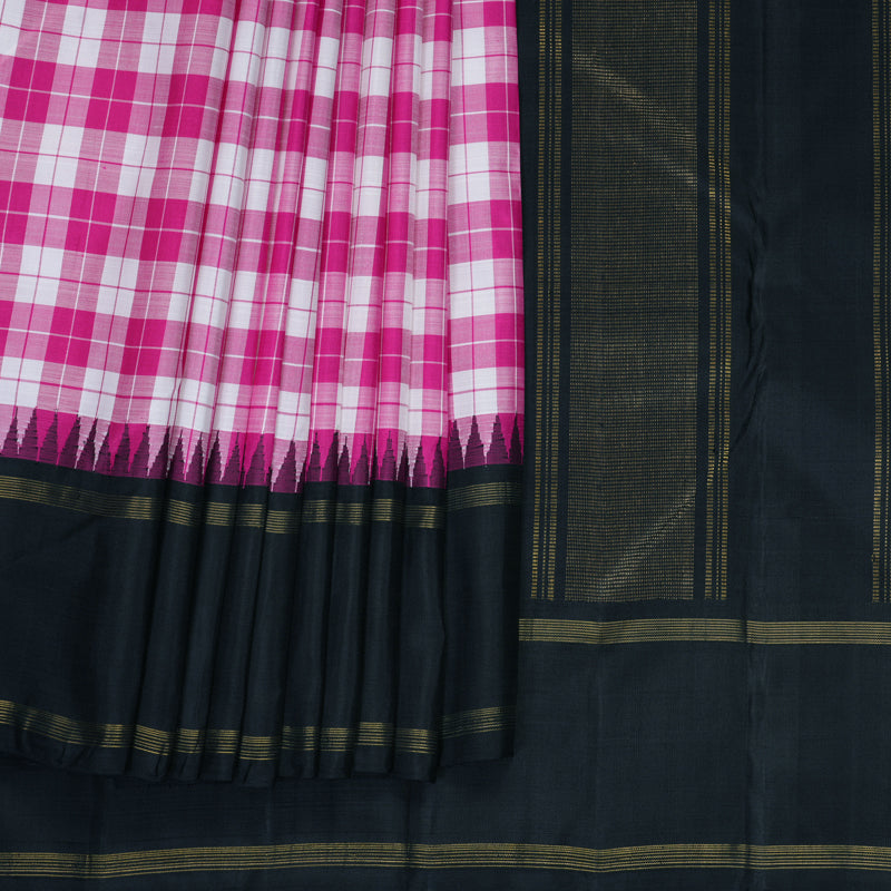Hayagrivas Handloom Pink &amp; White Checks Kanjivaram Silk Saree with Black Border KBF516G4-1