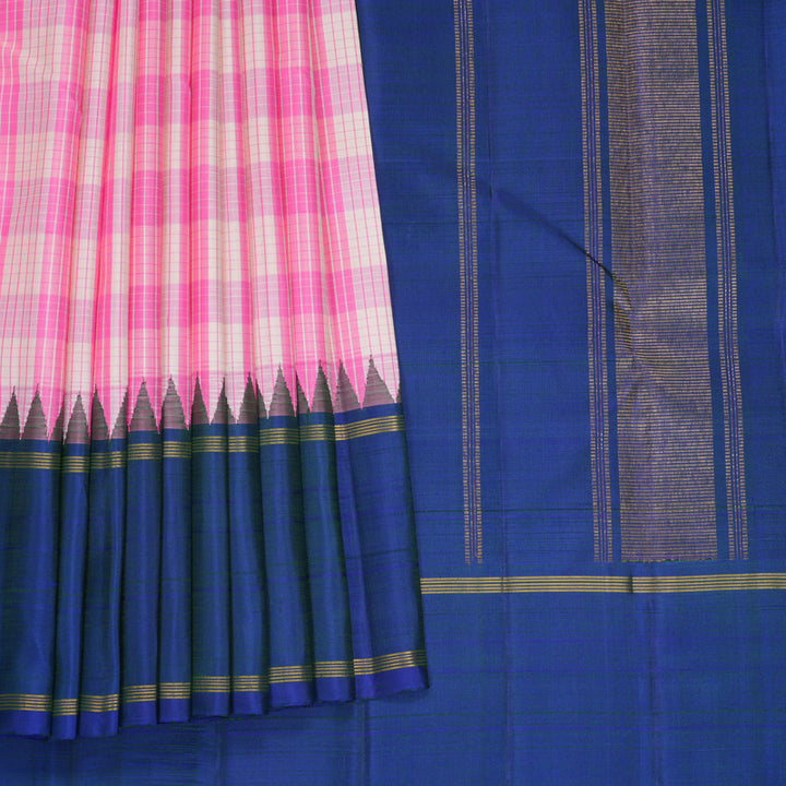 Hayagrivas Handloom Pink &amp; Half-White Checks Kanjivaram Silk Saree with Mayilkazhuthu Border KBF516G4-3