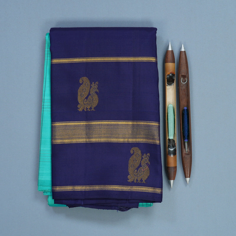 Hayagrivas Handloom Bright Teal Kanjivaram Silk Saree with Dark Blue Border KBF516G5-1