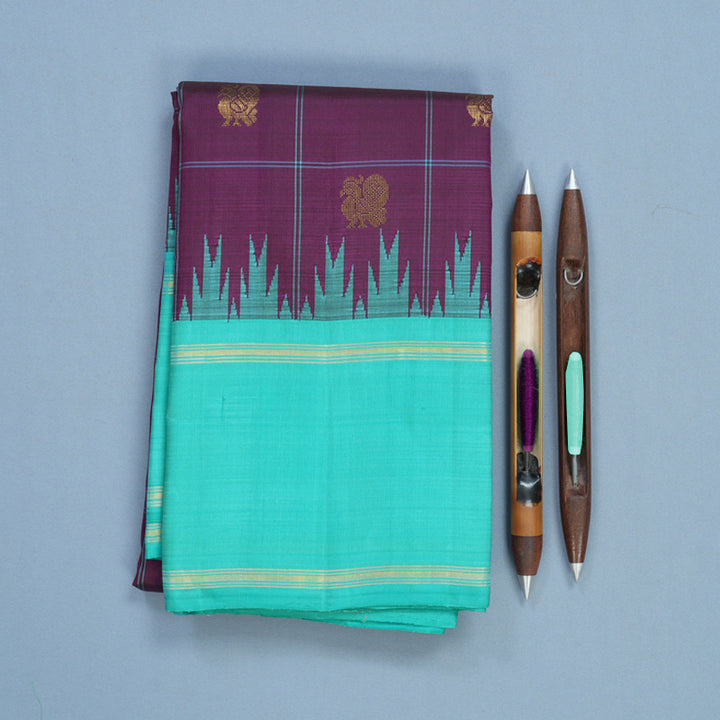 Hayagrivas Handloom Purple Kanjivaram Silk Saree with Bright Teal Border KBF516G6-2