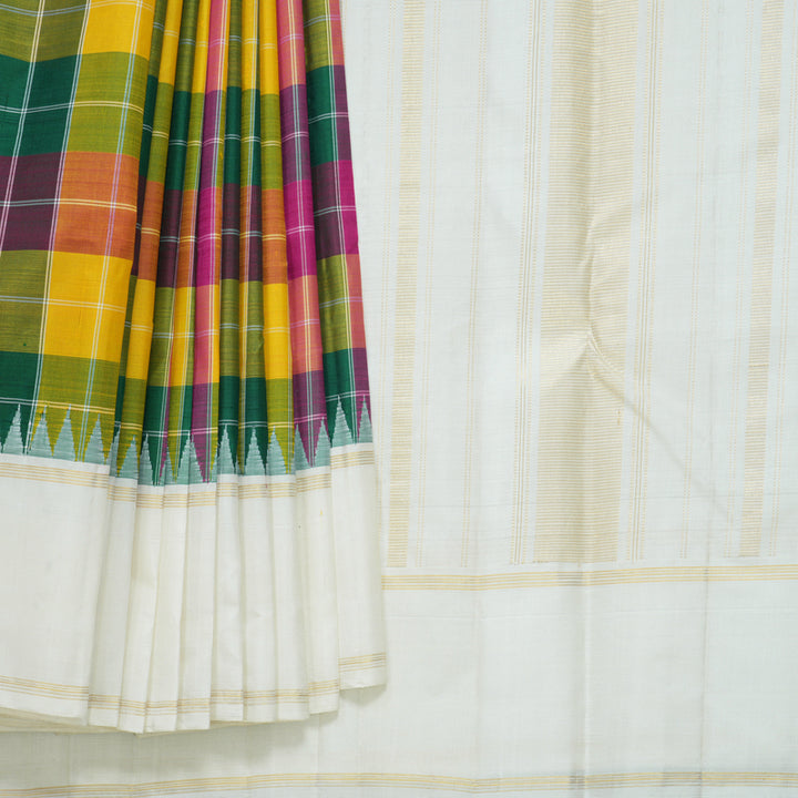 Hayagrivas Handloom Multicolour Checks Kanjivaram Silk Saree with Half-White Border KBF516G6-4