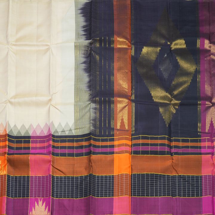 Hayagrivas Handloom Beige Kanjivaram Silk Saree with Multicolour Border KBF516G7-1