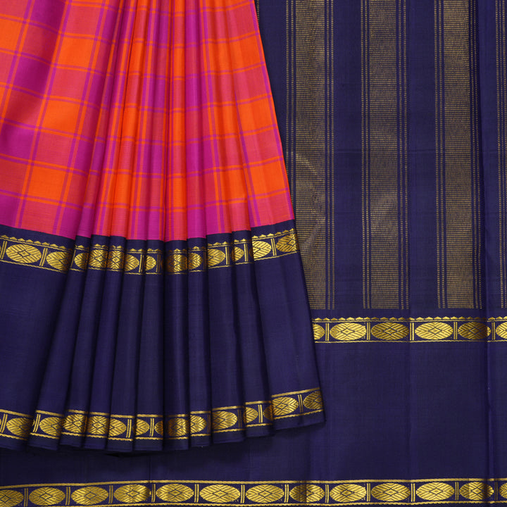 Hayagrivas Handloom Orange & Pink Checks Kanjivaram Silk Saree KBF516G8-1