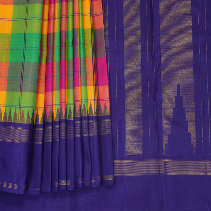 Hayagrivas Handloom Multicolour Checks Kanjivaram Silk Saree with Royal Blue Border KBF517G1-2