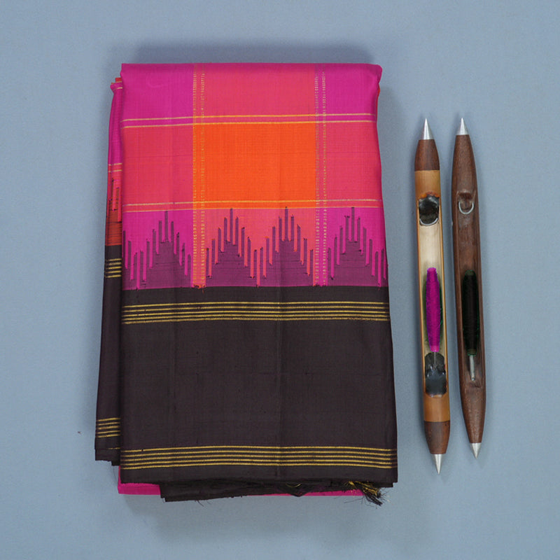 Hayagrivas Handloom Pink &amp; Orange Checks Kanjivaram Silk Saree KBF517G2-1