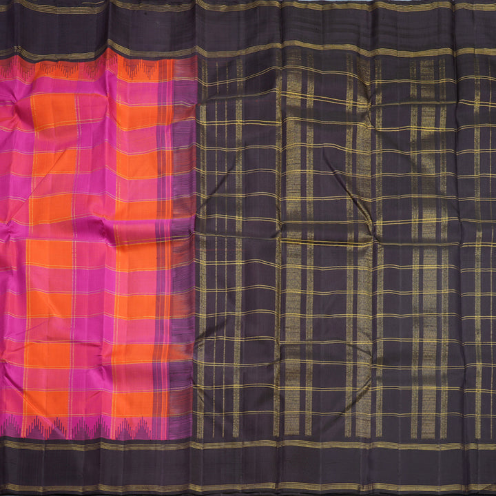 Hayagrivas Handloom Pink &amp; Orange Checks Kanjivaram Silk Saree KBF517G2-1