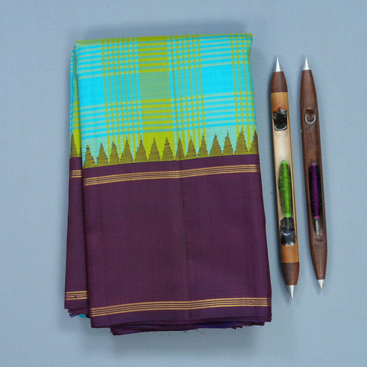Hayagrivas Handloom Blue &amp; Green Checks Kanjivaram Silk Saree with Deep Plum Purple Border KBF517G3-2