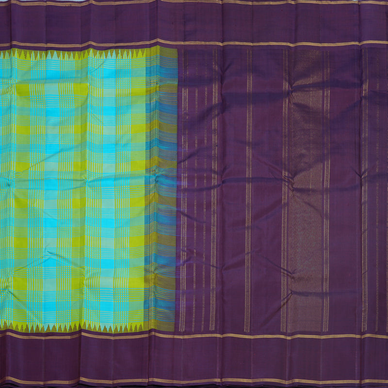 Hayagrivas Handloom Blue &amp; Green Checks Kanjivaram Silk Saree with Deep Plum Purple Border KBF517G3-2