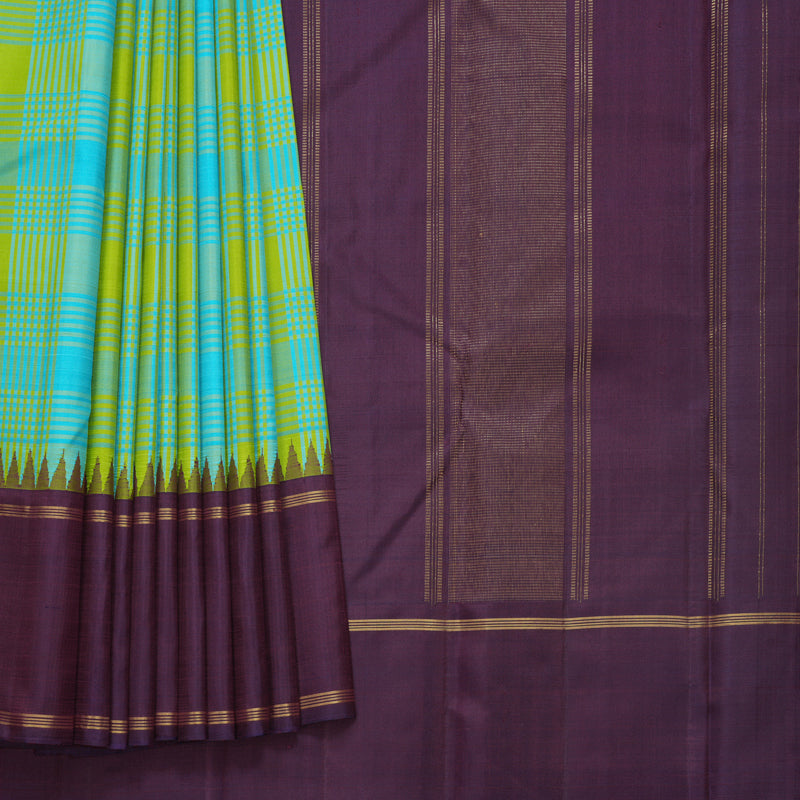 Hayagrivas Handloom Blue &amp; Green Checks Kanjivaram Silk Saree with Deep Plum Purple Border KBF517G3-2