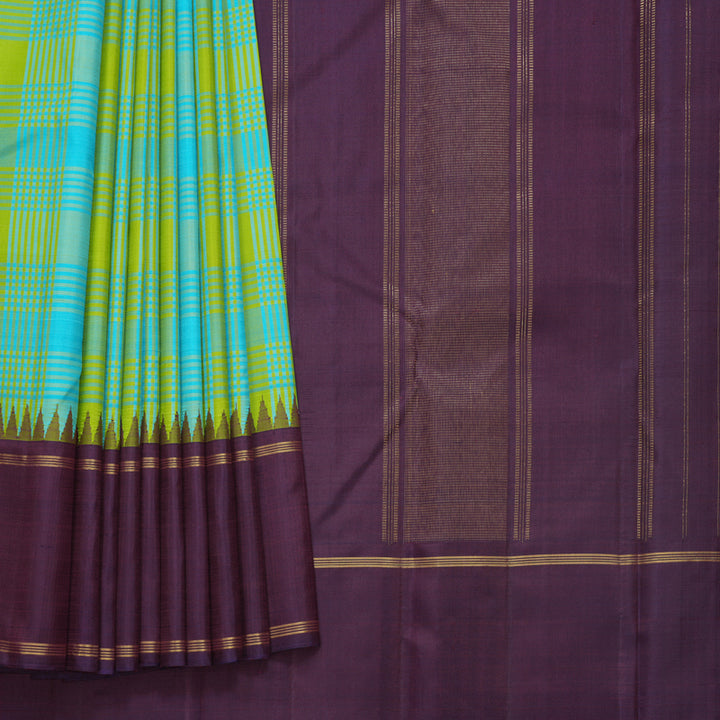 Hayagrivas Handloom Blue &amp; Green Checks Kanjivaram Silk Saree with Deep Plum Purple Border KBF517G3-2