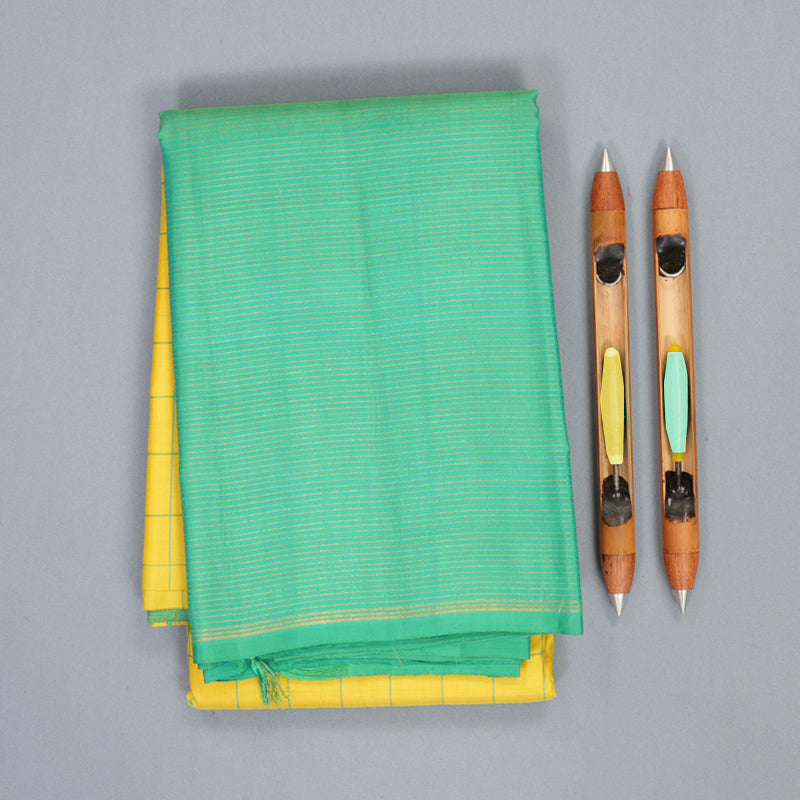Hayagrivas Handloom Lemon Yellow Kanjivaram Silk Saree with Bright Teal Border KBF518G1-2