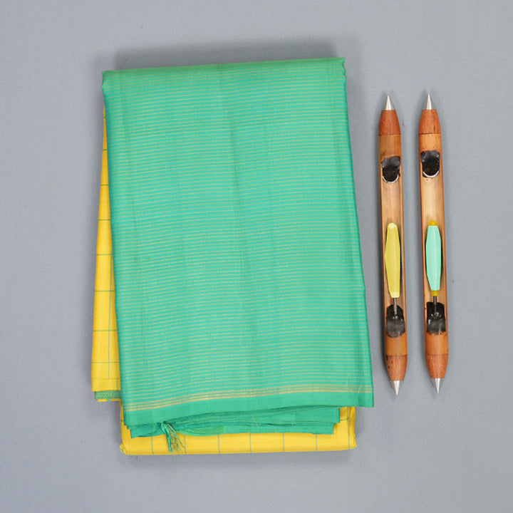 Hayagrivas Handloom Lemon Yellow Kanjivaram Silk Saree with Bright Teal Border KBF518G1-2