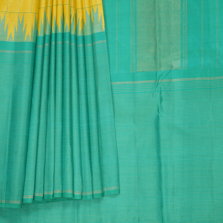 Hayagrivas Handloom Lemon Yellow Kanjivaram Silk Saree with Bright Teal Border KBF518G1-2