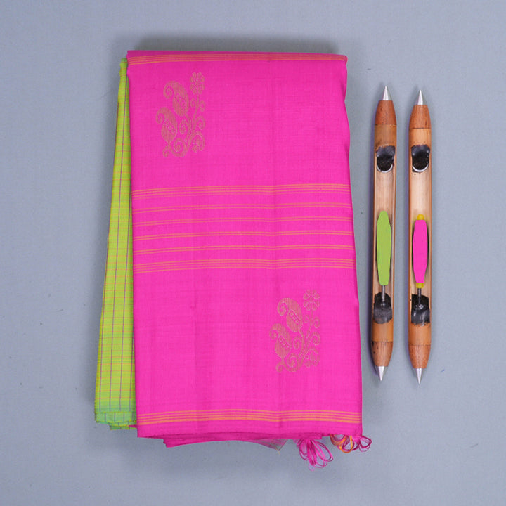 Hayagrivas Handloom Fluorescent Green Kanjivaram Silk Saree with Rani Pink Border KBF518G2-3