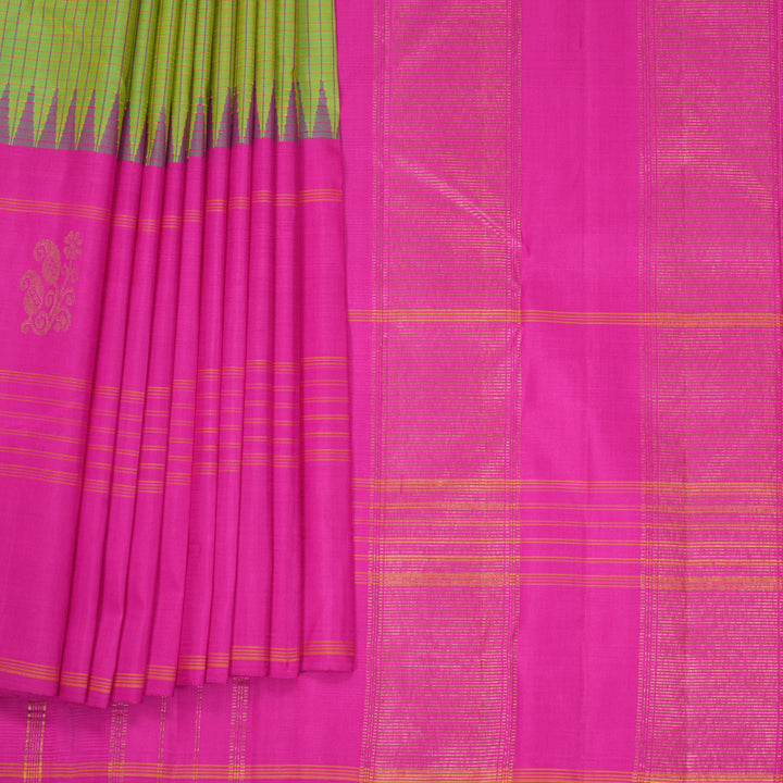 Hayagrivas Handloom Fluorescent Green Kanjivaram Silk Saree with Rani Pink Border KBF518G2-3