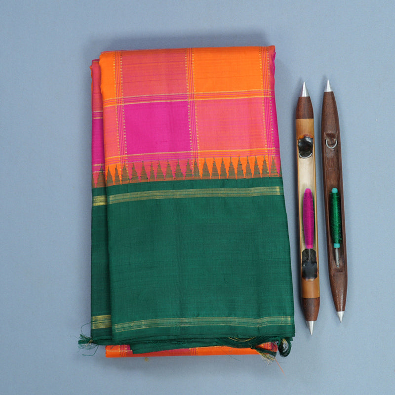 Hayagrivas Handloom Pink &amp; Orange Checks Kanjivaram Silk Saree with Bottle Green Border KBF518G5-1