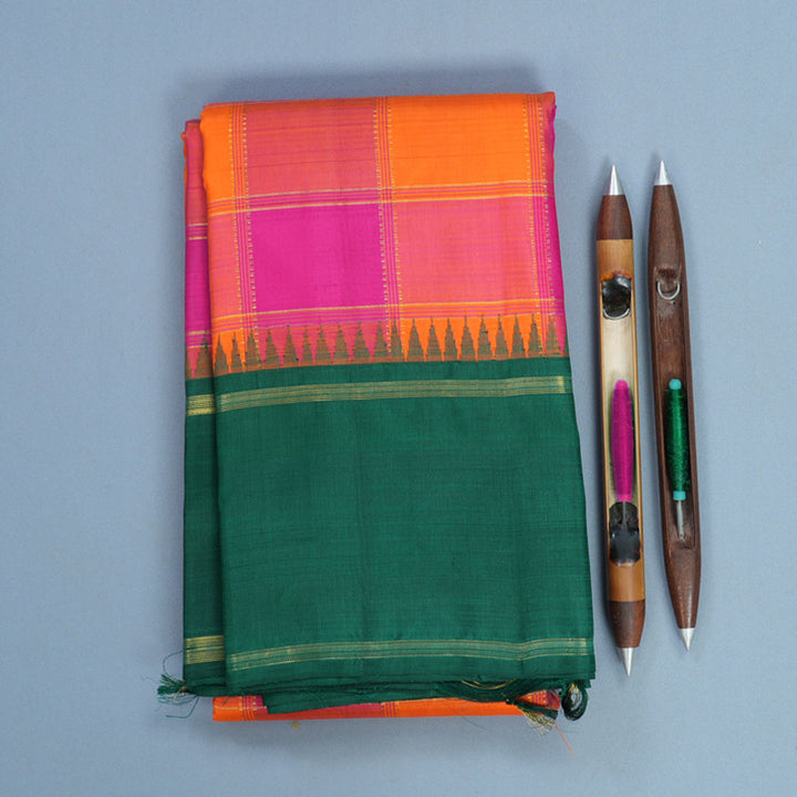 Hayagrivas Handloom Pink &amp; Orange Checks Kanjivaram Silk Saree with Bottle Green Border KBF518G5-1