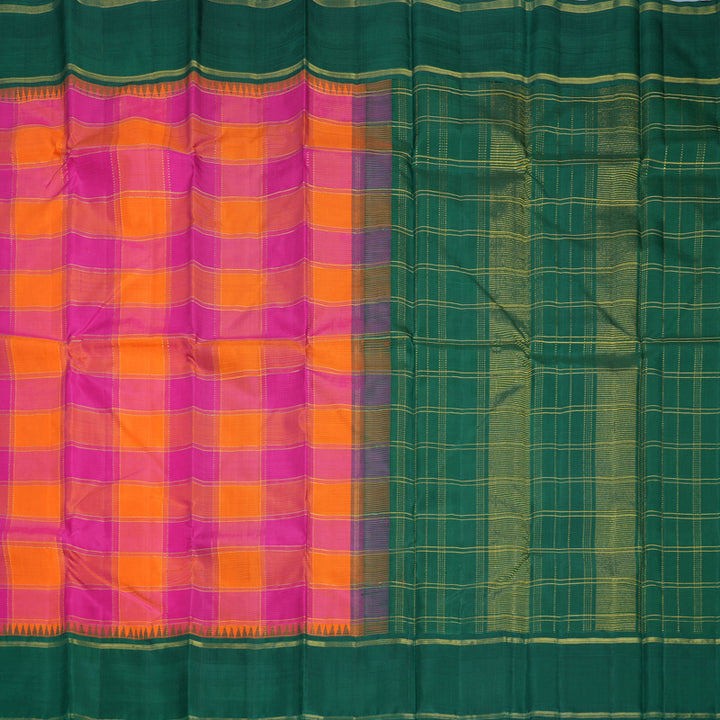 Hayagrivas Handloom Pink &amp; Orange Checks Kanjivaram Silk Saree with Bottle Green Border KBF518G5-1