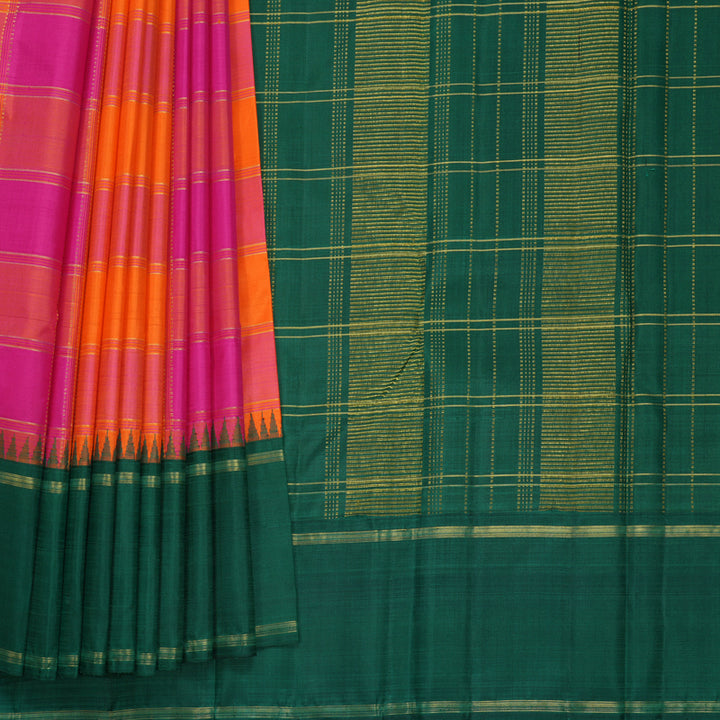 Hayagrivas Handloom Pink &amp; Orange Checks Kanjivaram Silk Saree with Bottle Green Border KBF518G5-1