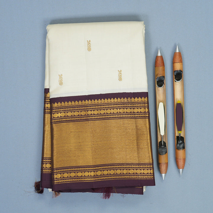 Hayagrivas Handloom Half-White Kanjivaram Silk Saree with Burgundy Border KBF519G9-1