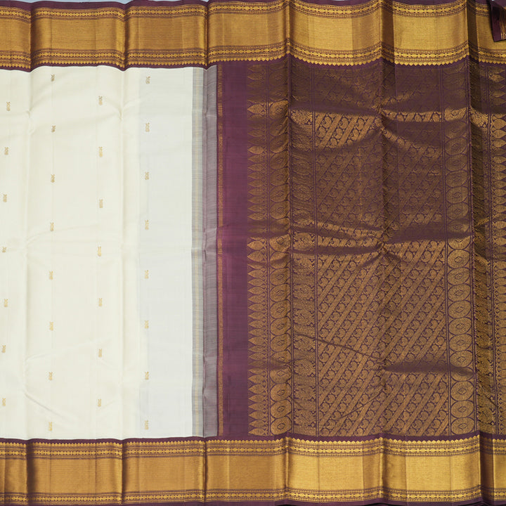 Hayagrivas Handloom Half-White Kanjivaram Silk Saree with Burgundy Border KBF519G9-1