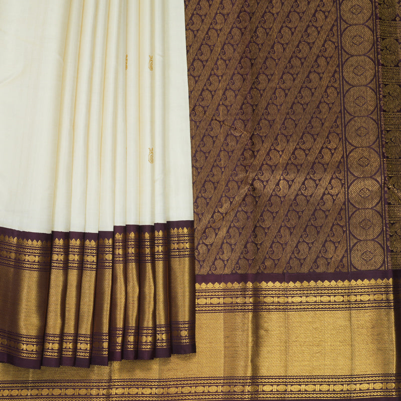 Hayagrivas Handloom Half-White Kanjivaram Silk Saree with Burgundy Border KBF519G9-1