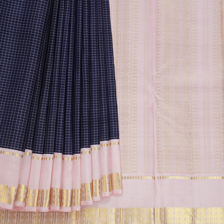 Hayagrivas Handloom Midnight Blue Kanjivaram Silk Saree with Baby Pink Border KBF520G5-1