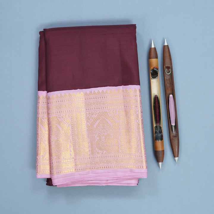 Hayagrivas Handloom Burgundy Kanjivaram Silk Saree with Lotus Pink Border KBF521G2-2