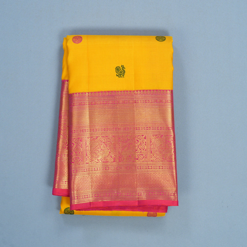 Hayagrivas Handloom Yellow Kanjivaram Silk Saree with Pink Border KBF521G3-1