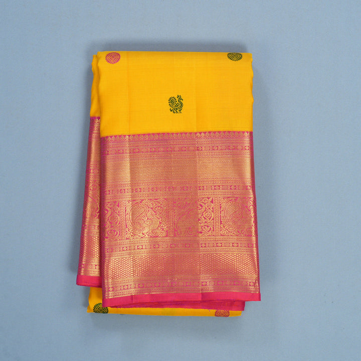 Hayagrivas Handloom Yellow Kanjivaram Silk Saree with Pink Border KBF521G3-1