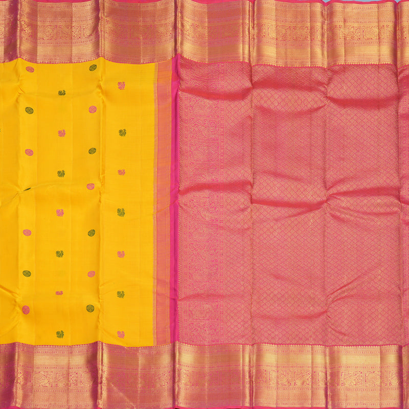 Hayagrivas Handloom Yellow Kanjivaram Silk Saree with Pink Border KBF521G3-1