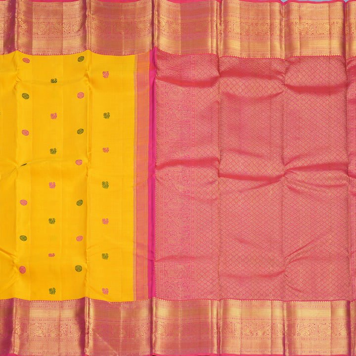 Hayagrivas Handloom Yellow Kanjivaram Silk Saree with Pink Border KBF521G3-1