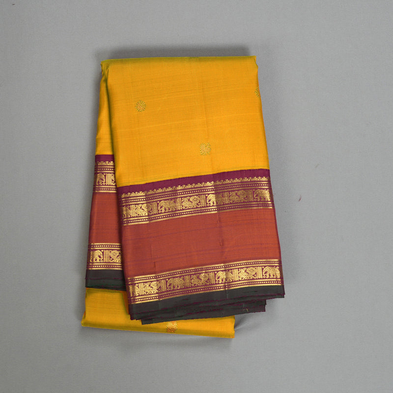 Hayagrivas Handloom Yellow Kanjivaram Silk Saree with Rust Orange Border KBF523F3-1